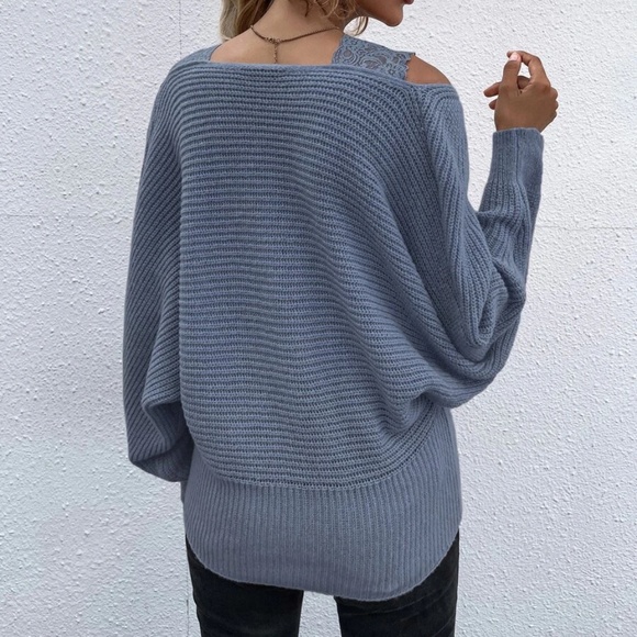 Cozy Floral Lace Knit Sweater Top Cold Shoulder Minimalist - Picture 10 of 11